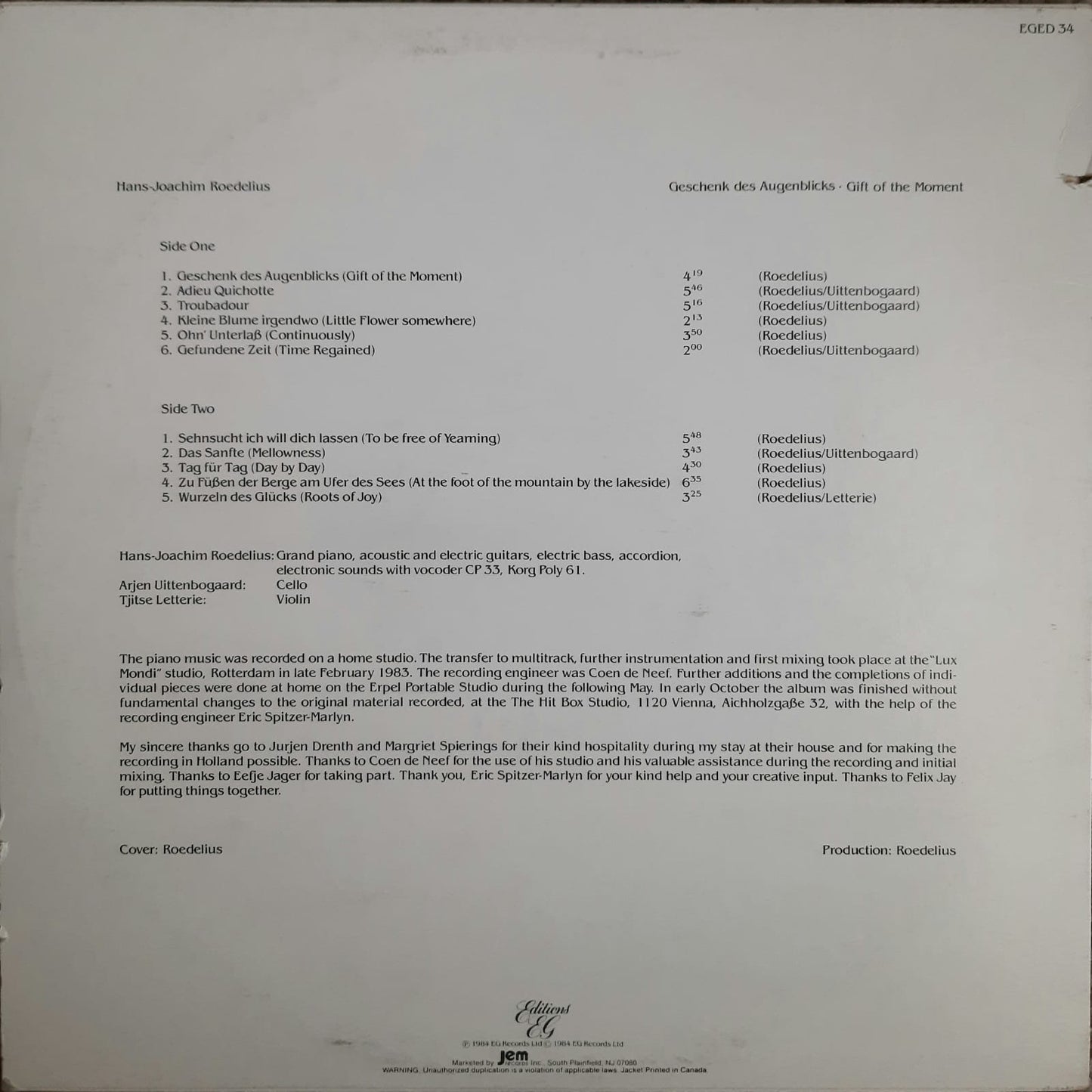 Hans-Joachim Roedelius - Geschenk Des Augenblicks = Gift Of The Moment (LP, EE.UU., 1984)