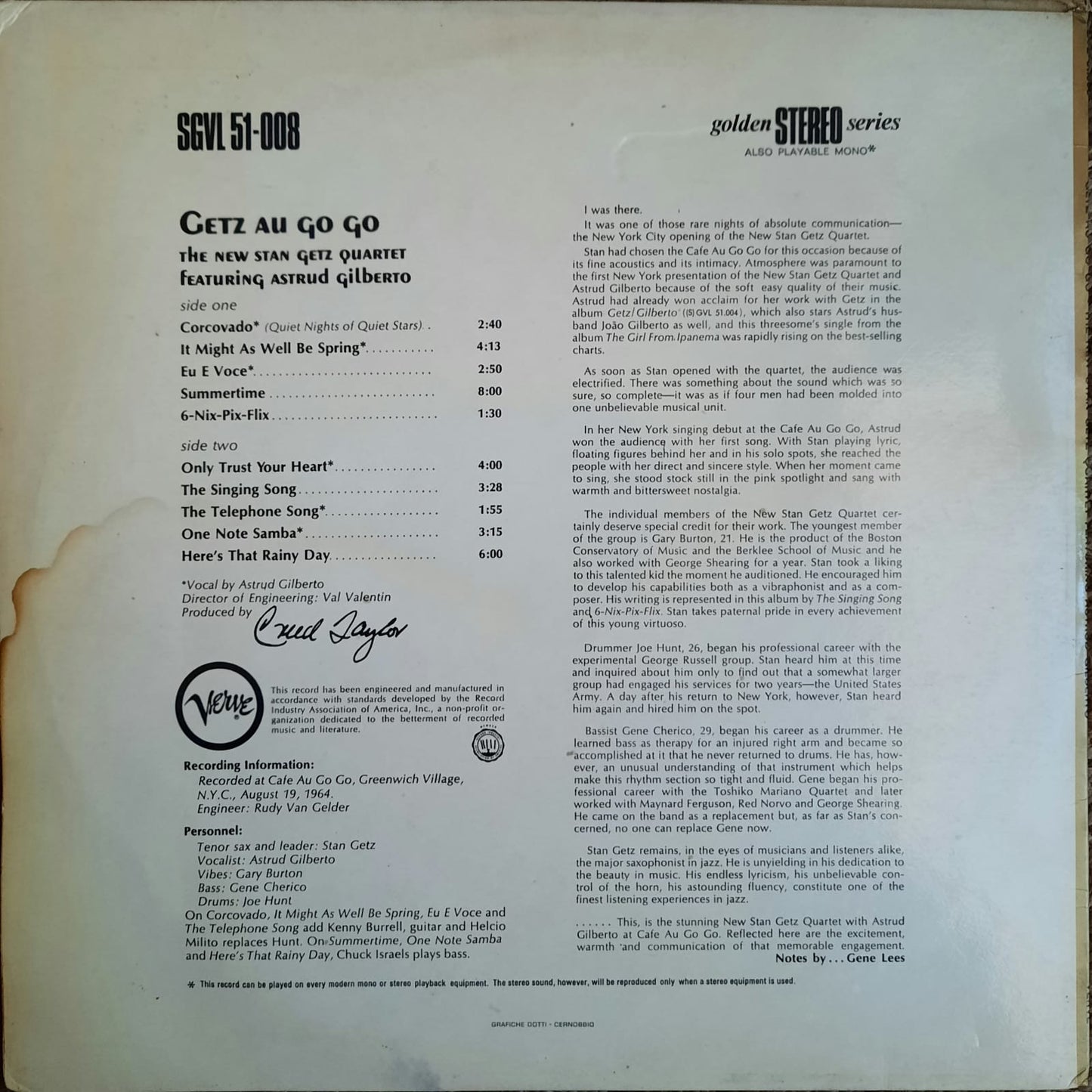 The New Stan Getz Quartet Featuring Astrud Gilberto - Getz Au Go Go (LP, Italia, 1968)