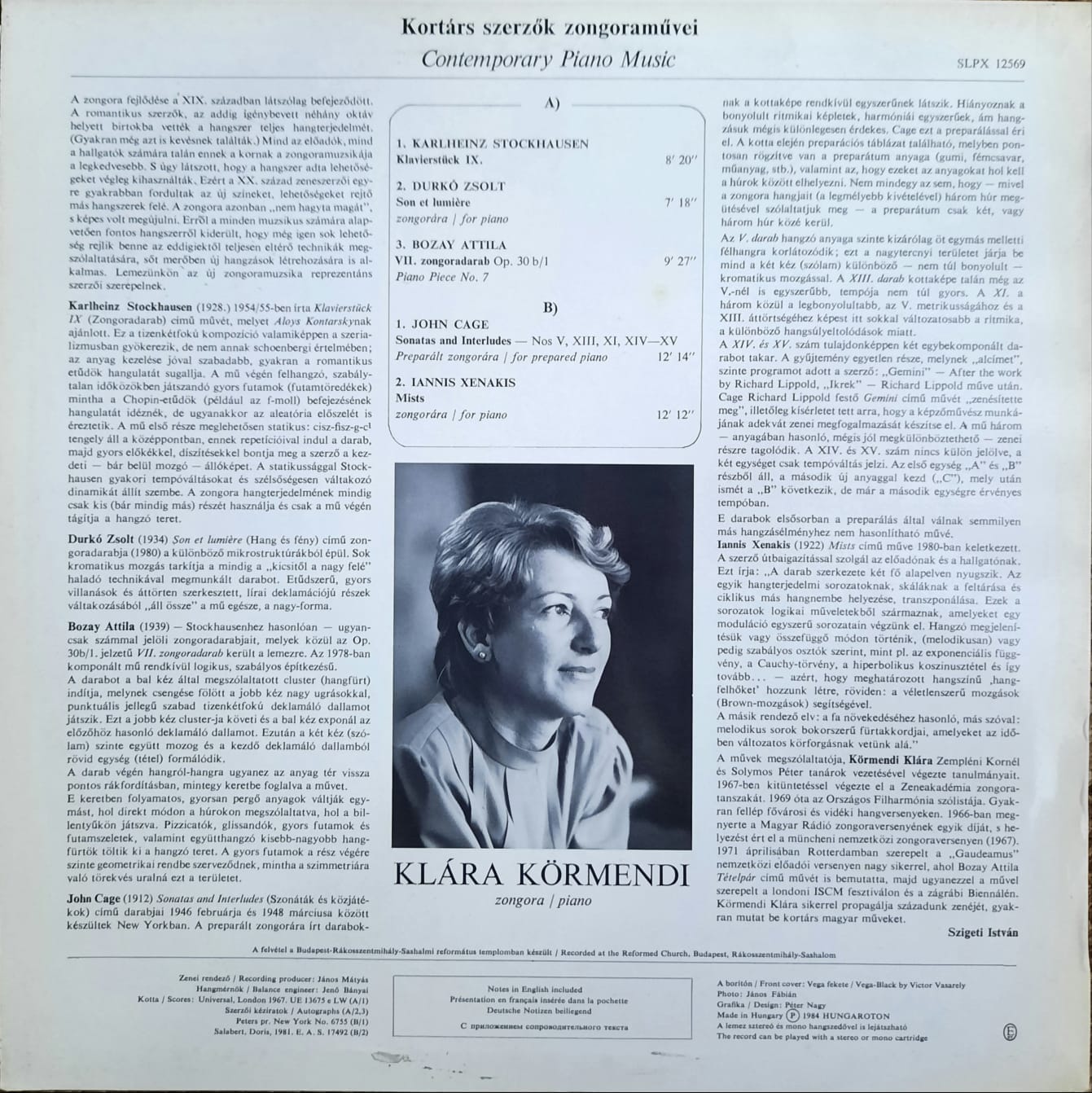 Klára Körmendi - Contemporary Piano Music (Karlheinz Stockhausen / Durkó Zsolt / Attila Bozay / John Cage / Iannis Xenakis) (LP, Hungría, 1984)