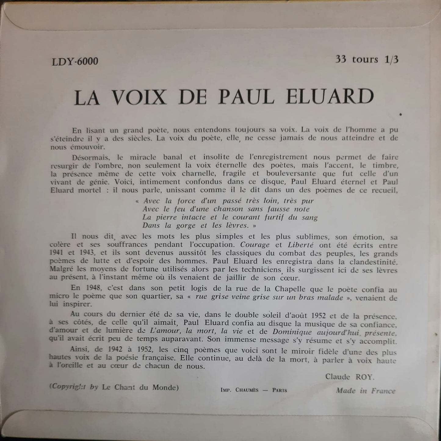 Paul Éluard - La Voix De Paul Eluard (7″)